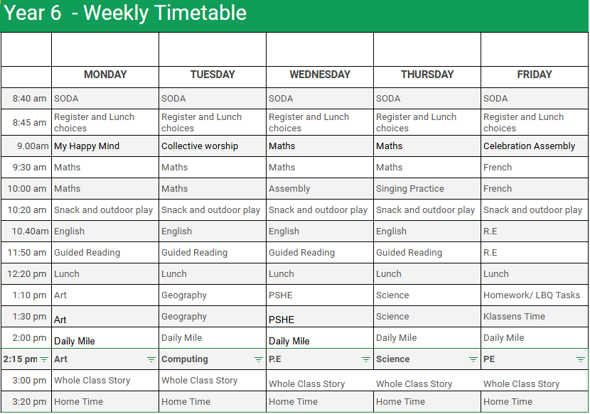 Year 6 Timetable Year 6 Timetable